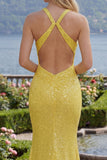 Glinsterende Zeemeermin Geel Halter Hals, Pailletten Lange Galajurk