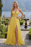 Glinsterende gele A-lijn sweetheart korsetpailletten lange galajurk met split
