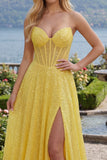 Glinsterende gele A-lijn sweetheart korsetpailletten lange galajurk met split