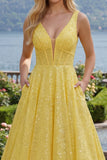 Glinsterende gele A-lijn korset V-hals pailletten lange galajurk met zakken