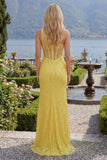 Glinsterende gele zeemeermin, één schouder korset, pailletten, lange galajurk met split