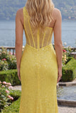Glinsterende gele zeemeermin, één schouder korset, pailletten, lange galajurk met split
