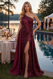 Glinsterende bordeauxrode A-lijn pailletten met één schouder lange galajurk met split