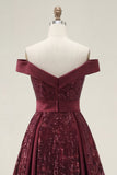 Glinsterende off-the-shoulder bordeauxrode A-lijn pailletten lange galajurk