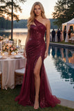 Glinsterende bordeauxrode zeemeerminpailletten met één schouder lange galajurk met split