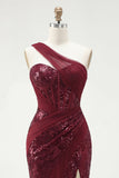 Glinsterende bordeauxrode zeemeerminpailletten met één schouder lange galajurk met split