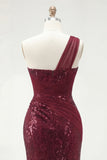 Glinsterende bordeauxrode zeemeerminpailletten met één schouder lange galajurk met split