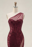 Glinsterende bordeauxrode pailletten zeemeerminjurk met één schouder lange galajurk met split