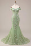 Zeemeermingroen off-the-shoulder korset-appliqueerde lange galajurk