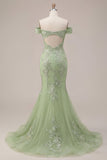 Zeemeermingroen off-the-shoulder korset-appliqueerde lange galajurk