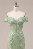 Zeemeermingroen off-the-shoulder korset-appliqueerde lange galajurk