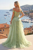 Off-the-shoulder groene A-lijn geappliqueerde korset bloemenjurk met lange gala en ruches