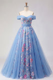 Off-the-shoulder blauwe A-lijn geappliqueerde korset lange galajurk
