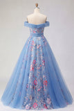 Off-the-shoulder blauwe A-lijn geappliqueerde korset lange galajurk