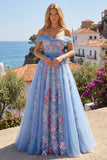 Off-the-shoulder blauwe A-lijn geappliqueerde korset lange galajurk