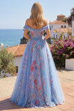 Off-the-shoulder blauwe A-lijn geappliqueerde korset lange galajurk