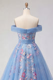 Off-the-shoulder blauwe A-lijn geappliqueerde korset lange galajurk