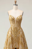 Glinsterende gouden sweetheart bodycon korset met kralen Mini galajurk met ruches kapelsleep