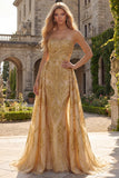 Glinsterende gouden strapless zeemeermin-galajurk met een drapering aan de zijkant