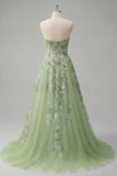 Strapless groene bloemen geborduurde A-lijn tule galajurk