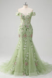 Off-the-shoulder groene zeemeermin geborduurde tule galajurk