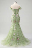 Off-the-shoulder groene zeemeermin geborduurde tule galajurk