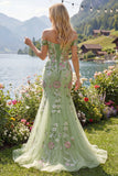 Off-the-shoulder groene zeemeermin geborduurde tule galajurk