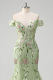 Off-the-shoulder groene zeemeermin geborduurde tule galajurk