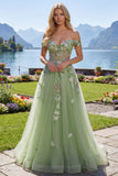 Off-the-shoulder bloemenkorset Groen A-lijn galajurk