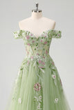 Off-the-shoulder bloemenkorset Groen A-lijn galajurk