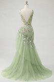 Groene bloemenjurk met V-hals met ruches en zeemeermin-appliqued galajurk