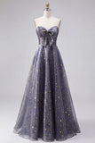 Celestial Midnight Betoverende Starry A-Line Sweetheart Lange Galajurk met strik