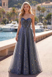 Celestial Midnight Betoverende Starry A-Line Sweetheart Lange Galajurk met strik