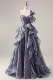 Starry Night Stoffy Blue Eenschouderlange Galajurk met oversized strik en vallende ruches