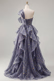 Starry Night Stoffy Blue Eenschouderlange Galajurk met oversized strik en vallende ruches