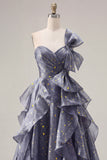 Starry Night Stoffy Blue Eenschouderlange Galajurk met oversized strik en vallende ruches
