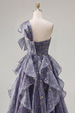 Starry Night Stoffy Blue Eenschouderlange Galajurk met oversized strik en vallende ruches