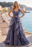 Starry Night Stoffy Blue Eenschouderlange Galajurk met oversized strik en vallende ruches