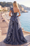 Starry Night Stoffy Blue Eenschouderlange Galajurk met oversized strik en vallende ruches