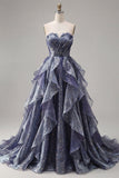 Starry Night Stoffige Blauwe strapless lange galajurk met gerimpeld lijfje en vallende ruches