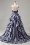 Starry Night Stoffige Blauwe strapless lange galajurk met gerimpeld lijfje en vallende ruches