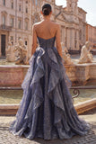 Starry Night Stoffige Blauwe strapless lange galajurk met gerimpeld lijfje en vallende ruches