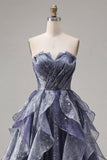 Starry Night Stoffige Blauwe strapless lange galajurk met gerimpeld lijfje en vallende ruches