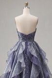 Starry Night Stoffige Blauwe strapless lange galajurk met gerimpeld lijfje en vallende ruches