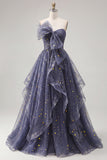 Starry Night Stoffige Blauwe strapless Strik Lange Galajurk met Cascaderende Ruffles