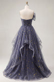 Starry Night Stoffige Blauwe strapless Strik Lange Galajurk met Cascaderende Ruffles