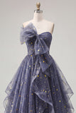 Starry Night Stoffige Blauwe strapless Strik Lange Galajurk met Cascaderende Ruffles