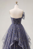 Starry Night Stoffige Blauwe strapless Strik Lange Galajurk met Cascaderende Ruffles