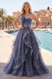 Starry Night Stoffige Blauwe strapless Strik Lange Galajurk met Cascaderende Ruffles