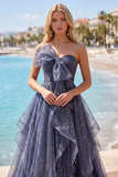 Starry Night Stoffige Blauwe strapless Strik Lange Galajurk met Cascaderende Ruffles